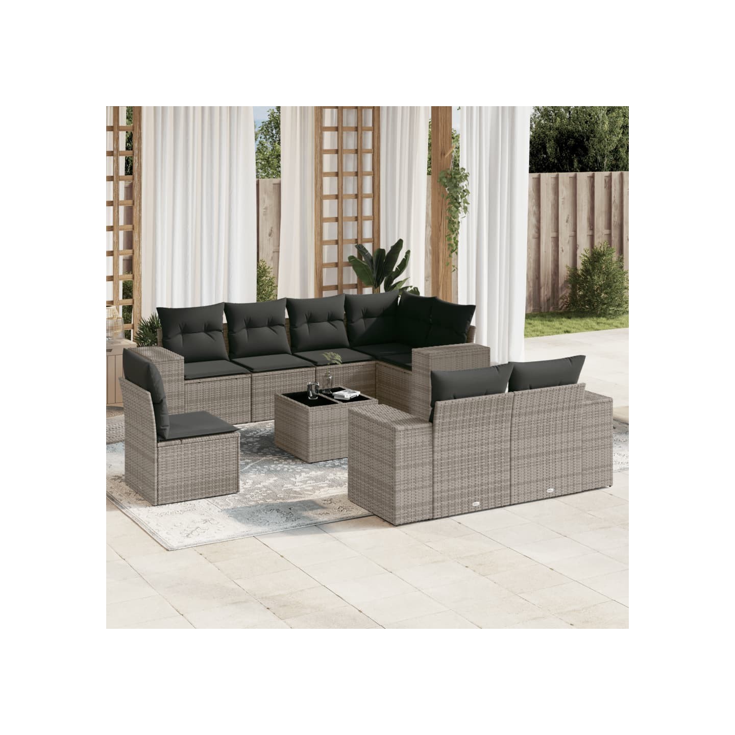 Salon de jardin 9 pcs avec coussins gris résine tressée
