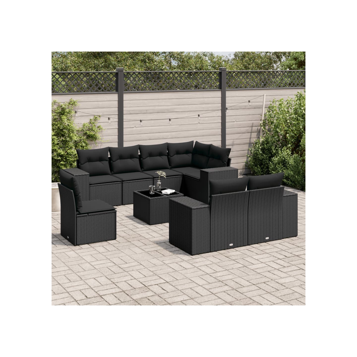 Salon de jardin 9 pcs avec coussins noir résine tressée