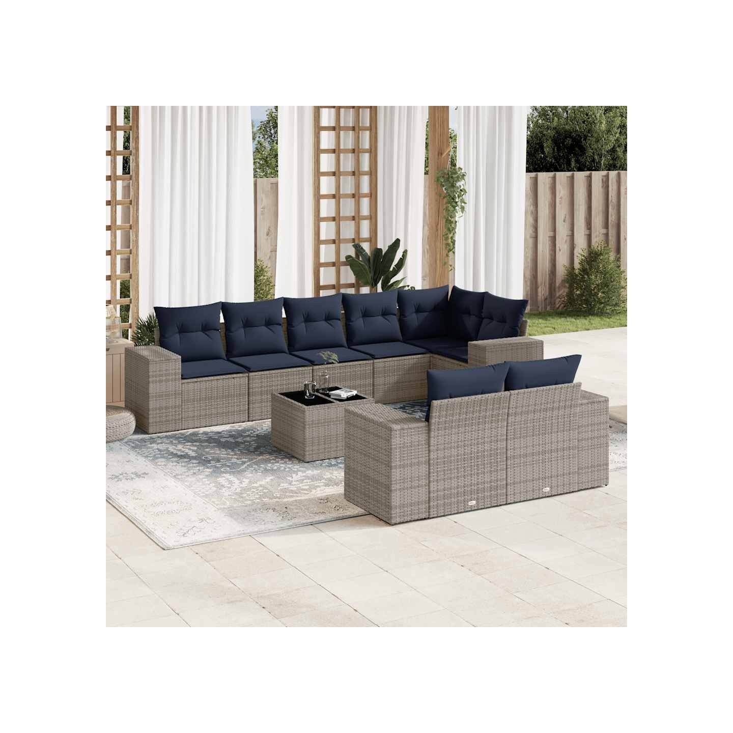 Ensemble de canapé de jardin 9 pcs avec coussins gris résine tressée