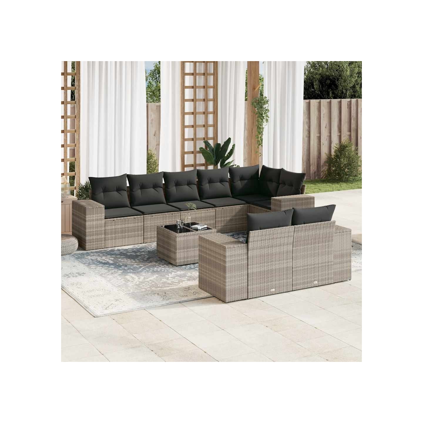 Salon de jardin 9 pcs avec coussins gris clair résine tressée