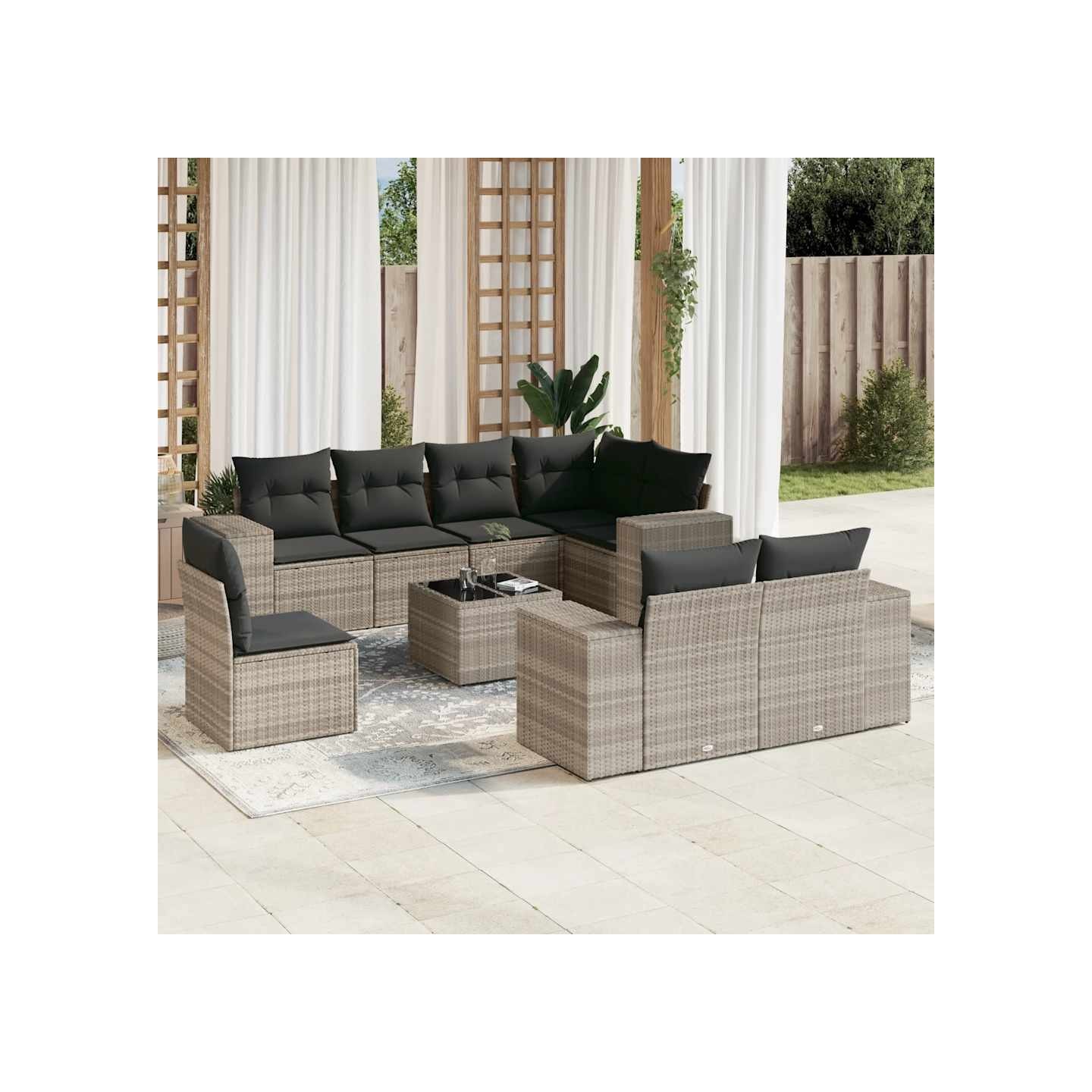 Salon de jardin 9 pcs avec coussins gris clair résine tressée