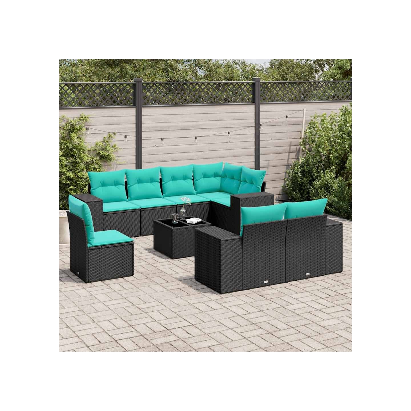 Ensemble de canapé de jardin 9 pcs avec coussins noir résine tressée