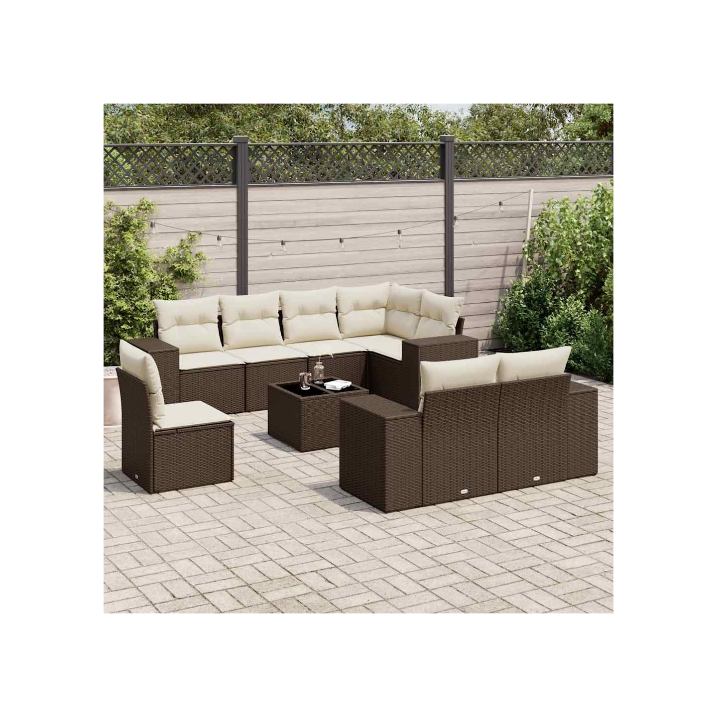 Salon de jardin avec coussins 9 pcs marron résine tressée
