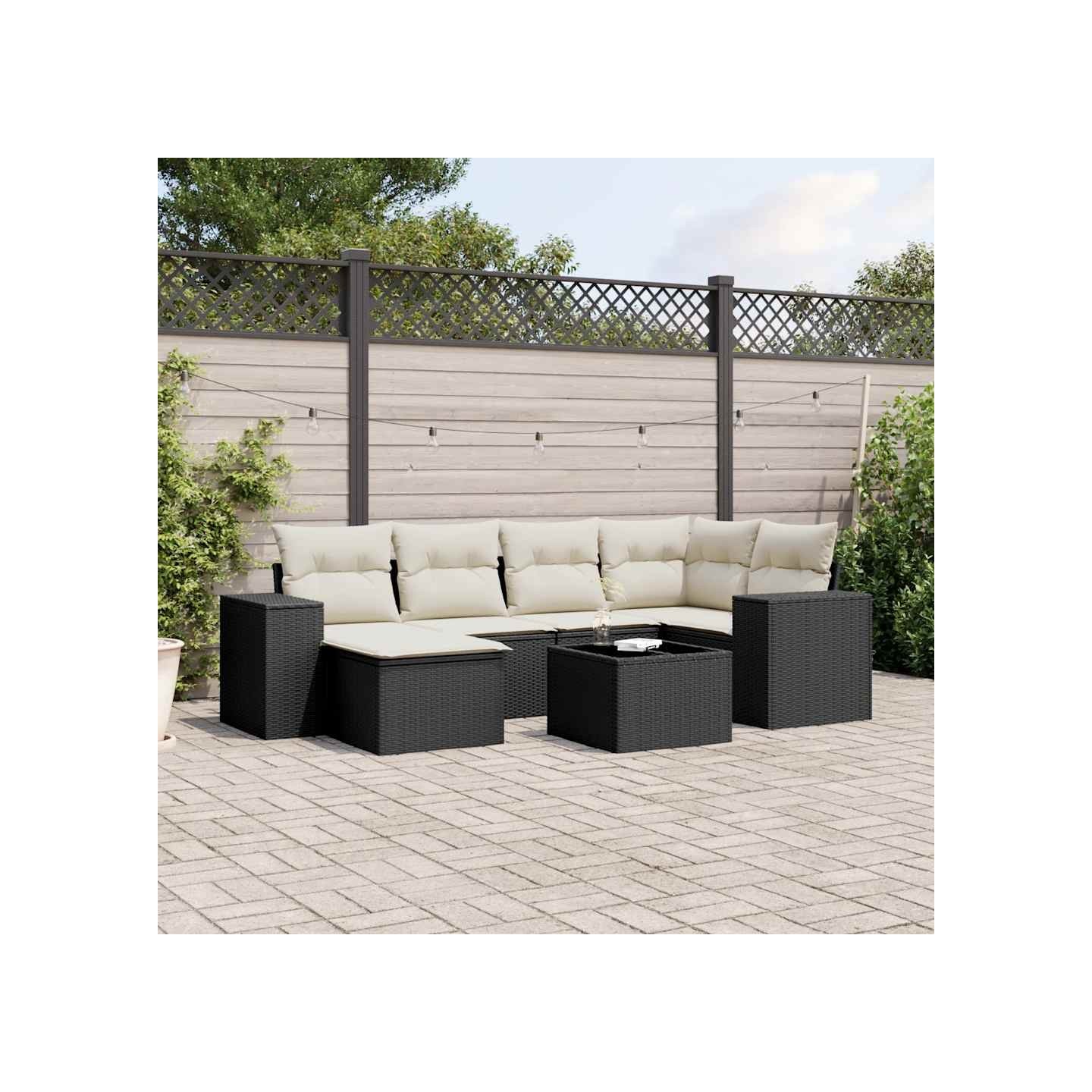 Salon de jardin 7 pcs avec coussins noir résine tressée