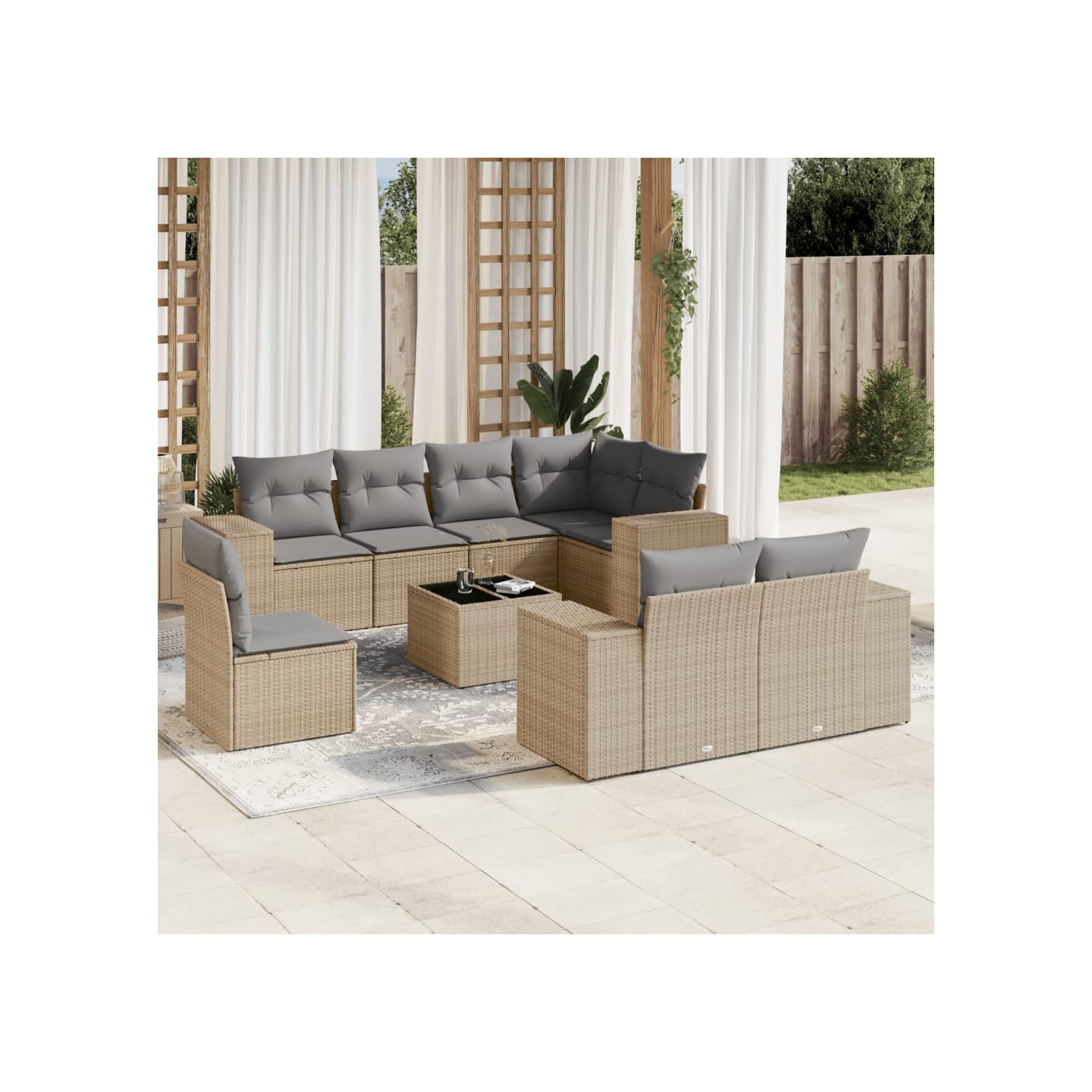Salon de jardin avec coussins 9 pcs beige résine tressée