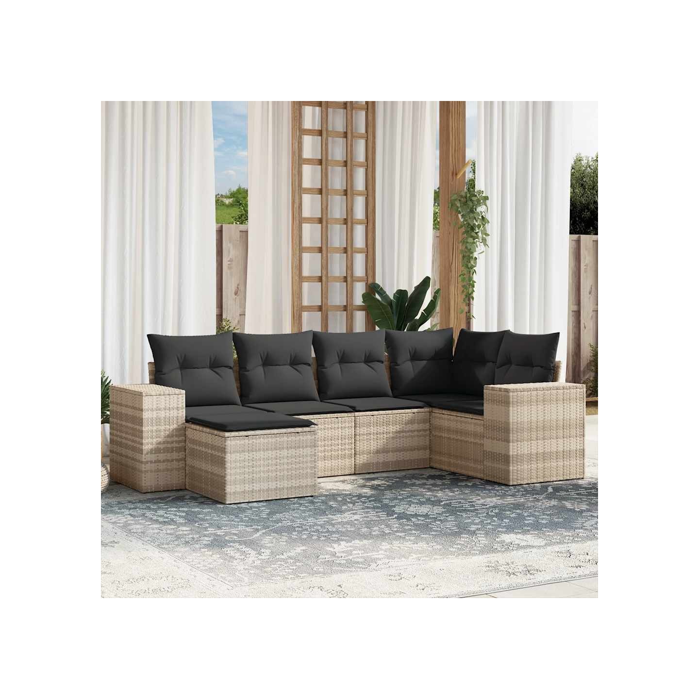 Salon de jardin 6 pcs avec coussins gris clair résine tressée
