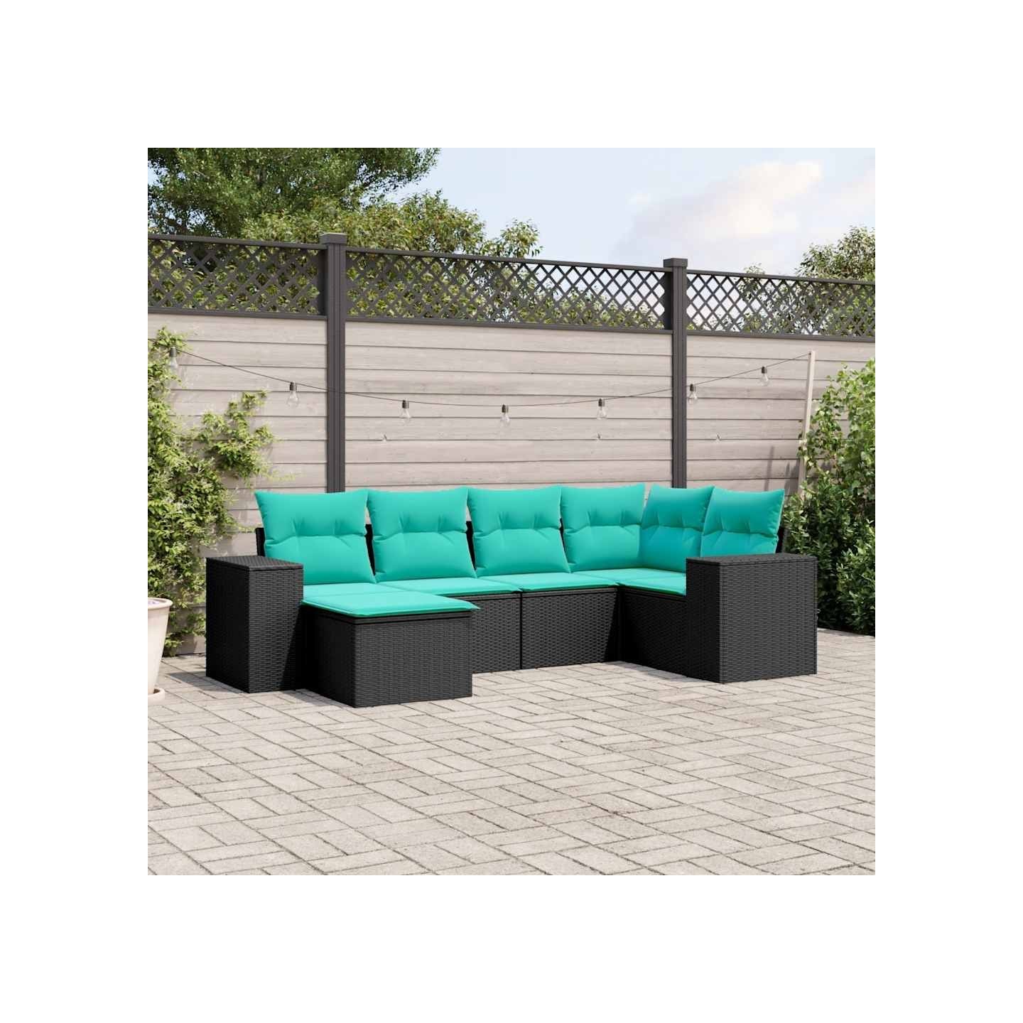 Salon de jardin 6 pcs avec coussins noir résine tressée