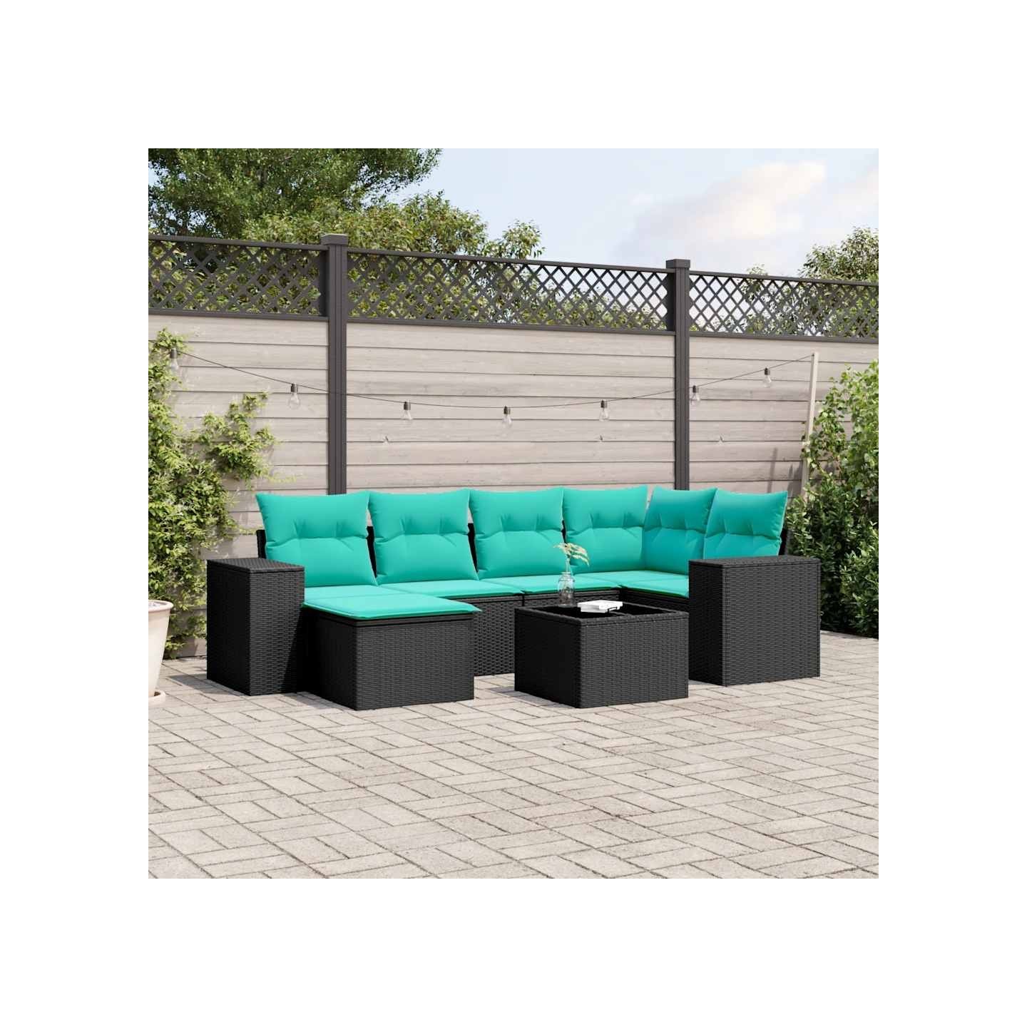 Ensemble de canapé de jardin 7 pcs avec coussins noir résine tressée