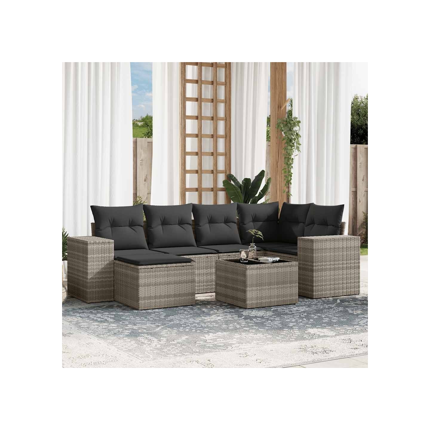 Salon de jardin avec coussins 7 pcs gris clair résine tressée