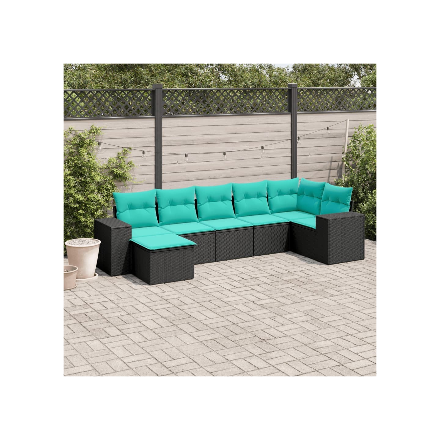 Salon de jardin 7 pcs avec coussins noir résine tressée