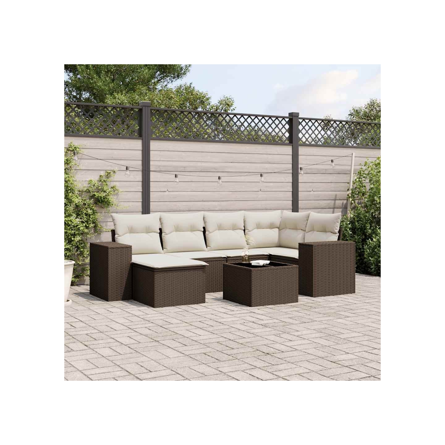 Salon de jardin avec coussins 7 pcs marron résine tressée