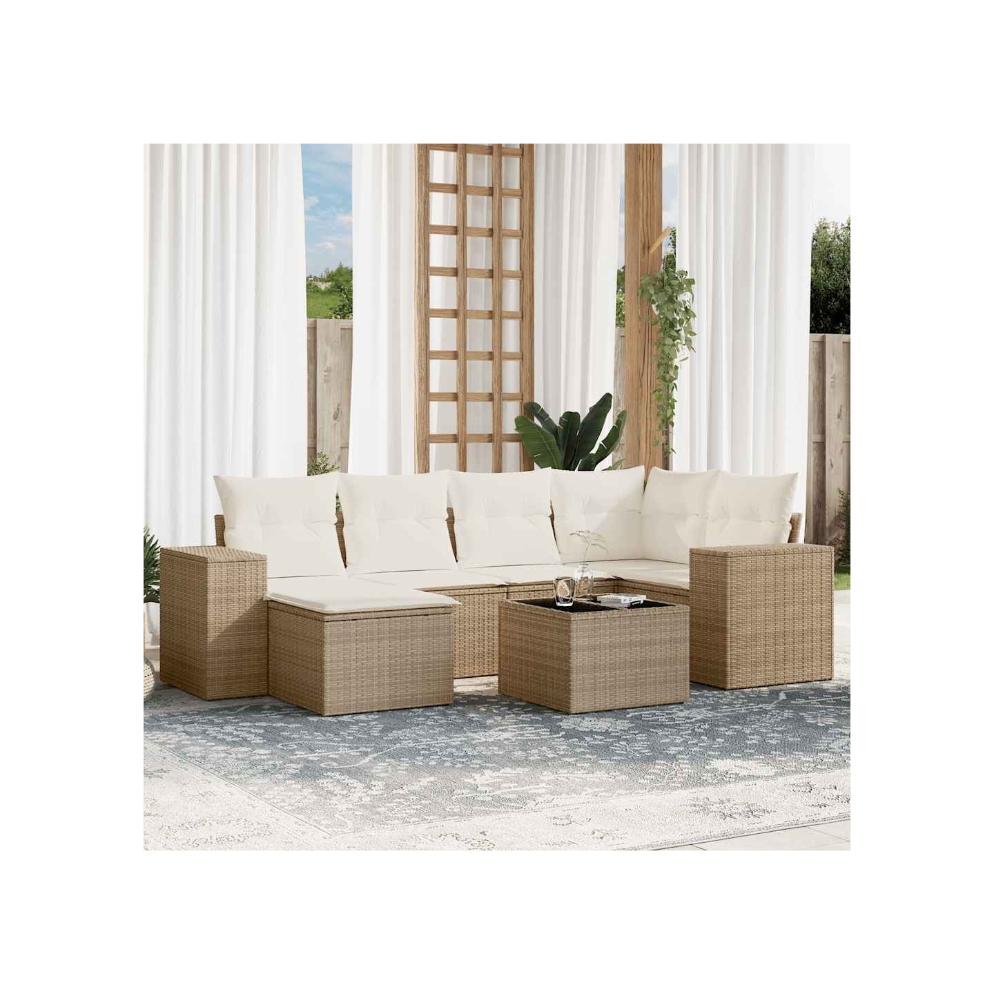 Salon de jardin avec coussins 7 pcs beige résine tressée