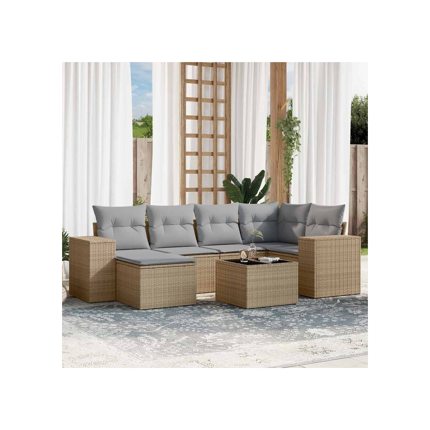 Salon de jardin avec coussins 7 pcs beige résine tressée