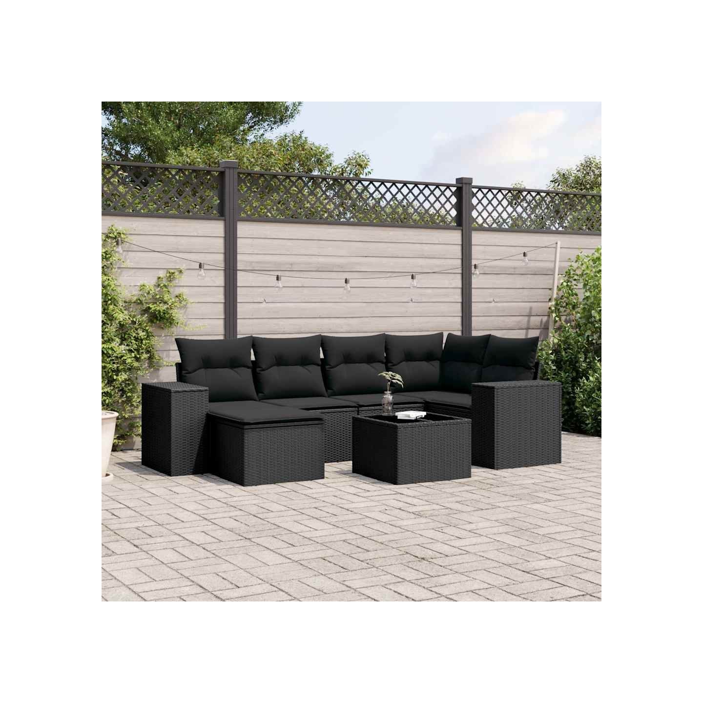 Salon de jardin 7 pcs avec coussins noir résine tressée