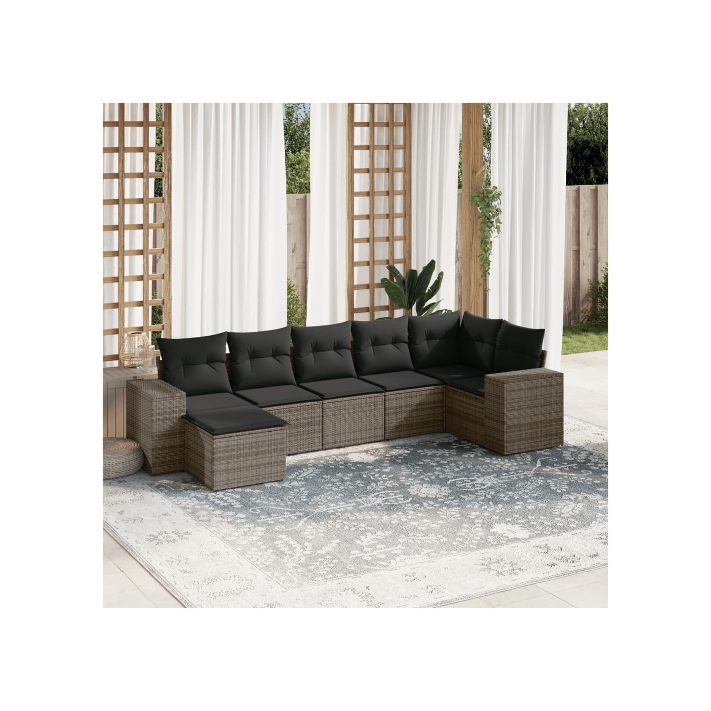 Salon de jardin avec coussins 7 pcs gris résine tressée