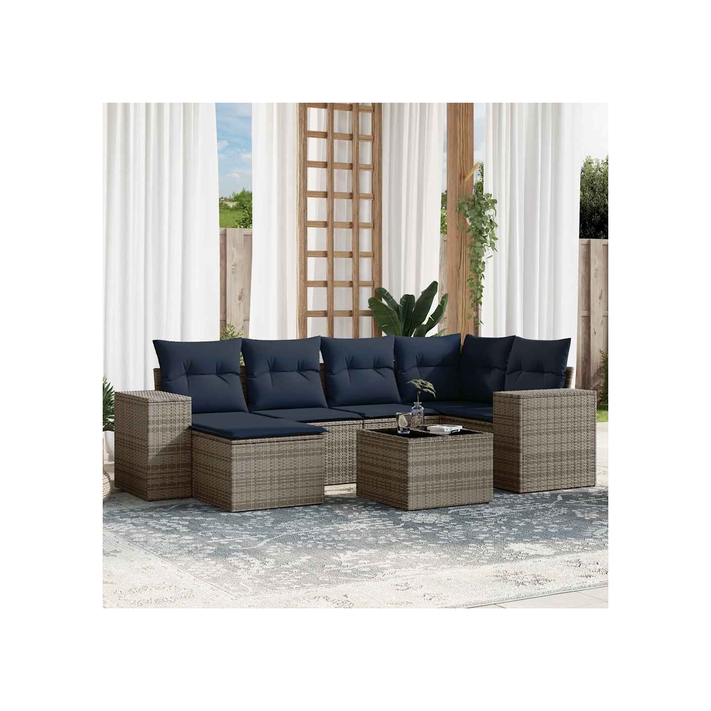 Ensemble de canapé de jardin 7 pcs avec coussins gris résine tressée
