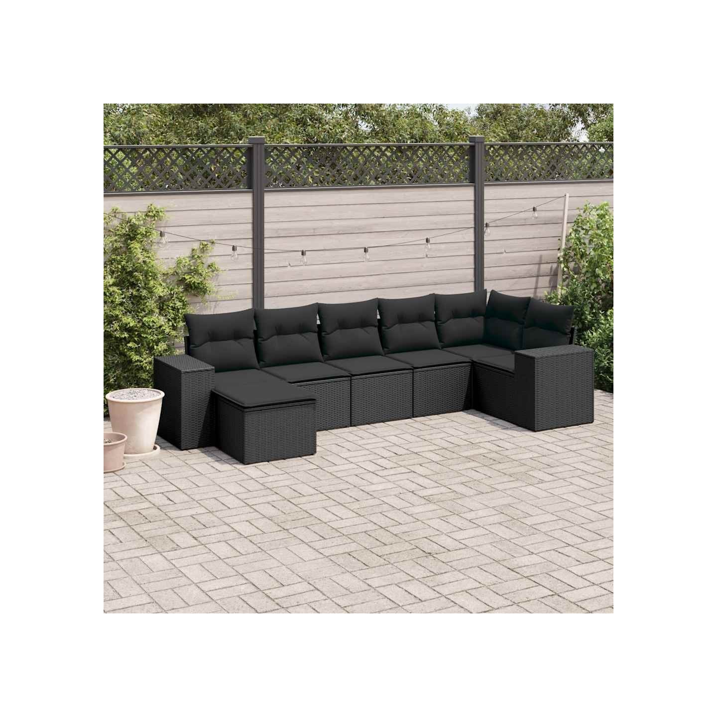 Salon de jardin 7 pcs avec coussins noir résine tressée