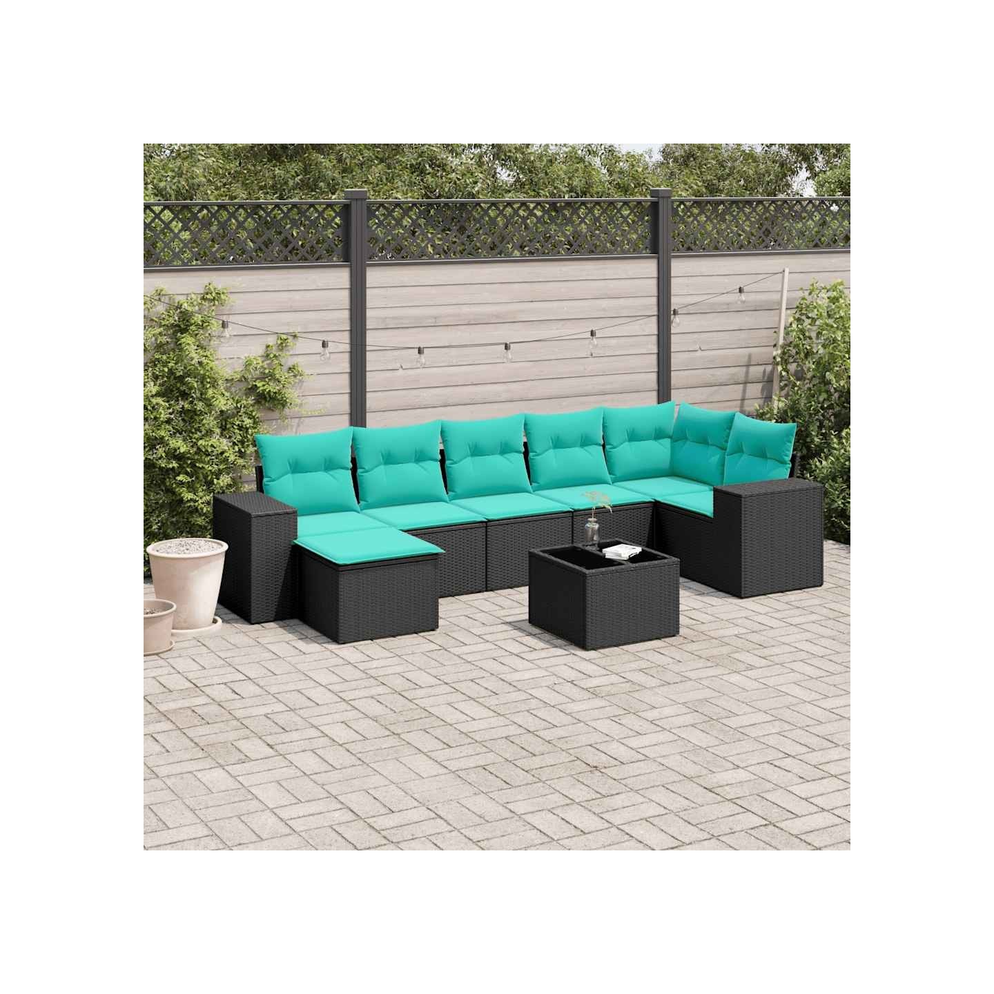 Ensemble de canapé de jardin 8 pcs avec coussins noir résine tressée