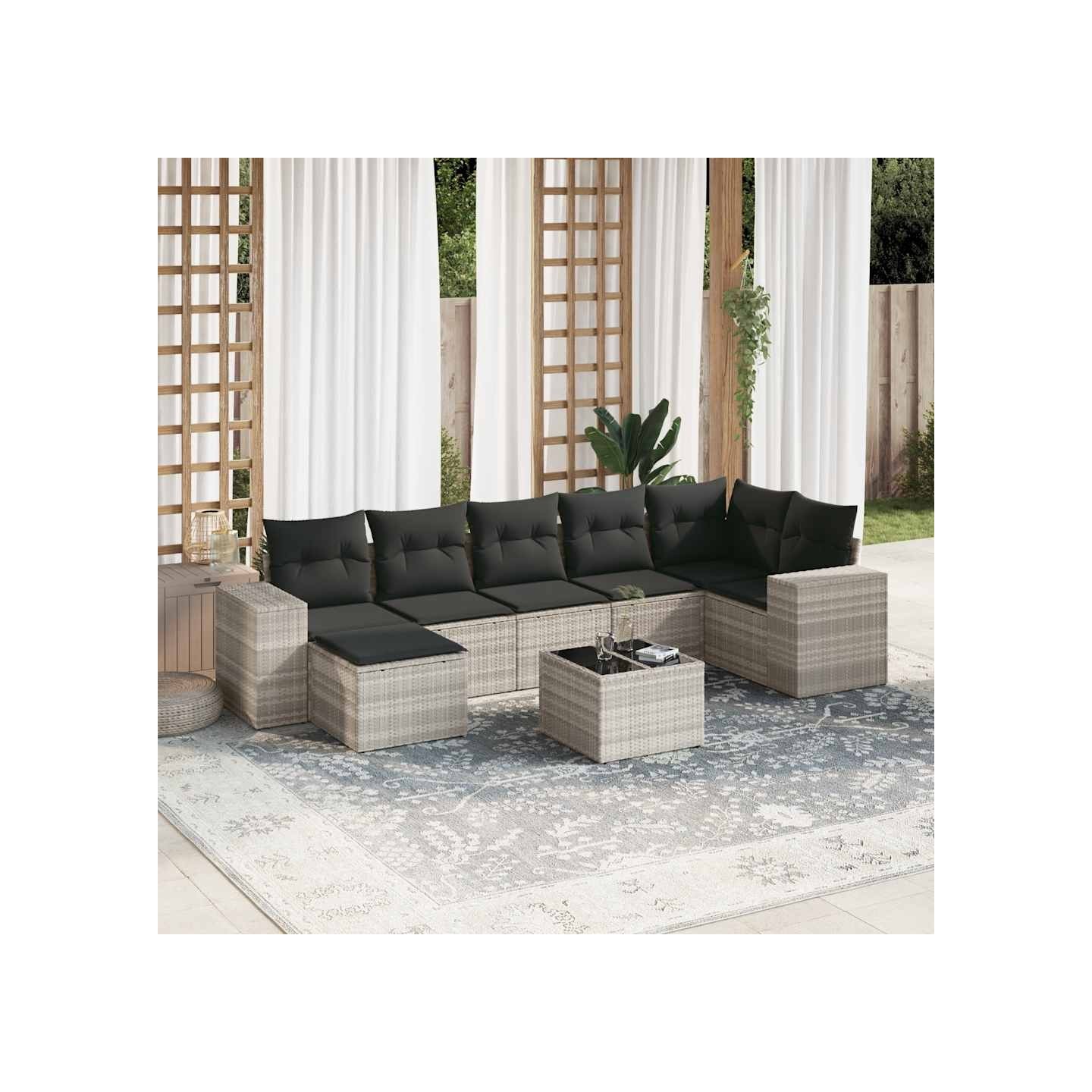 Salon de jardin 8 pcs avec coussins gris clair résine tressée
