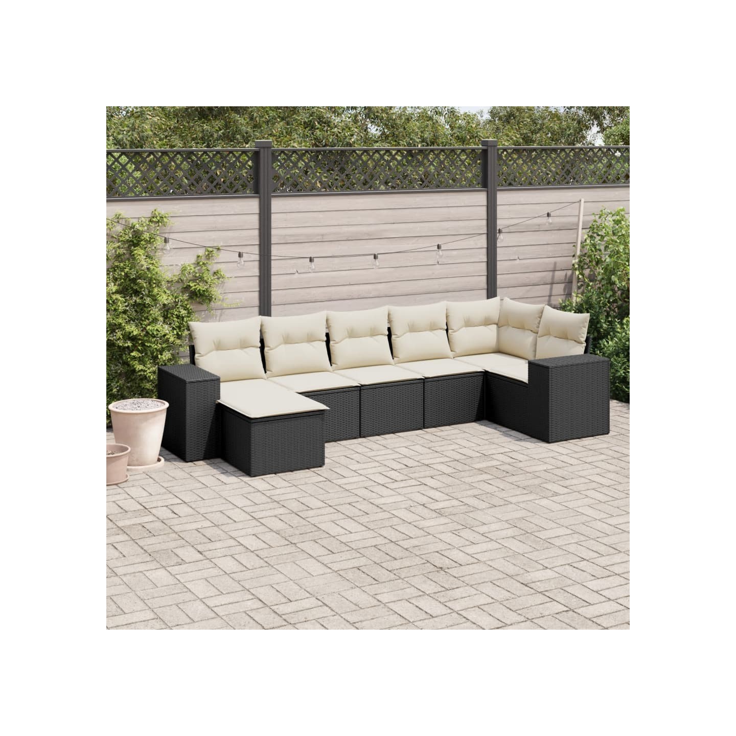 Salon de jardin 7 pcs avec coussins noir résine tressée