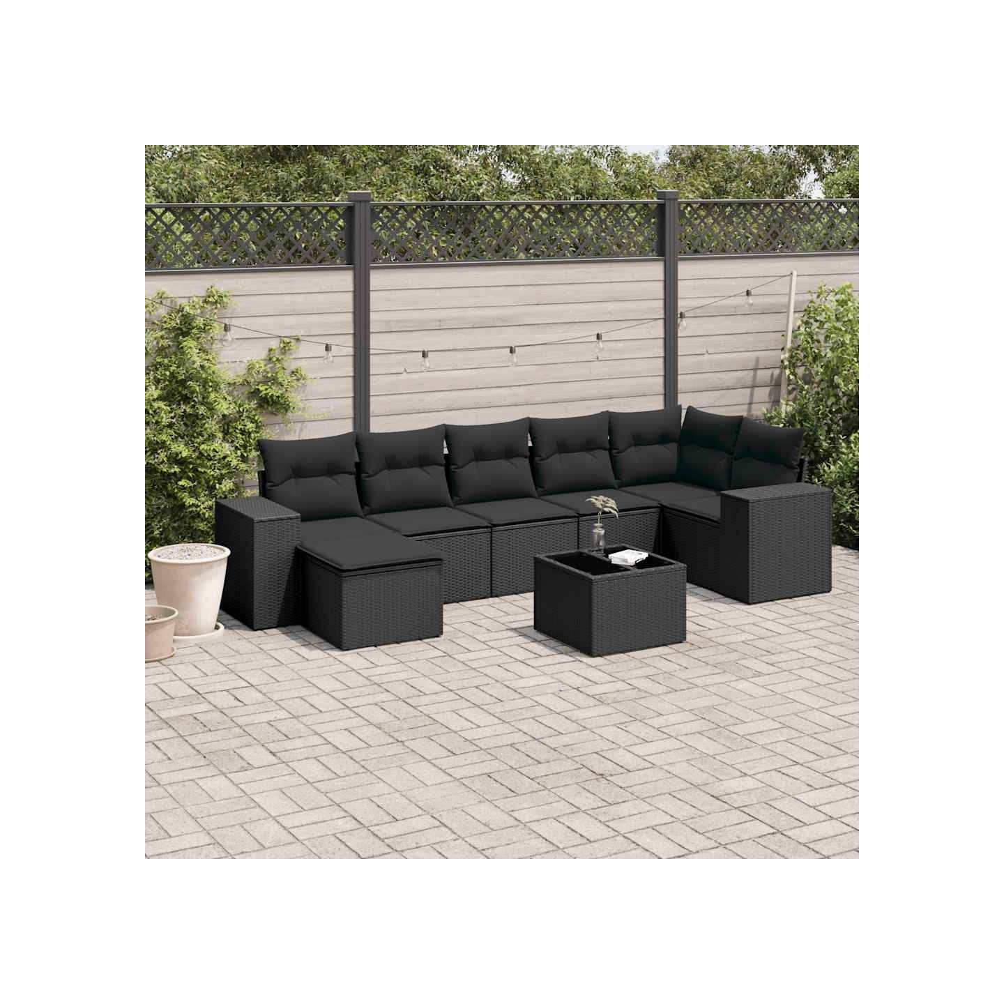 Salon de jardin 8 pcs avec coussins noir résine tressée