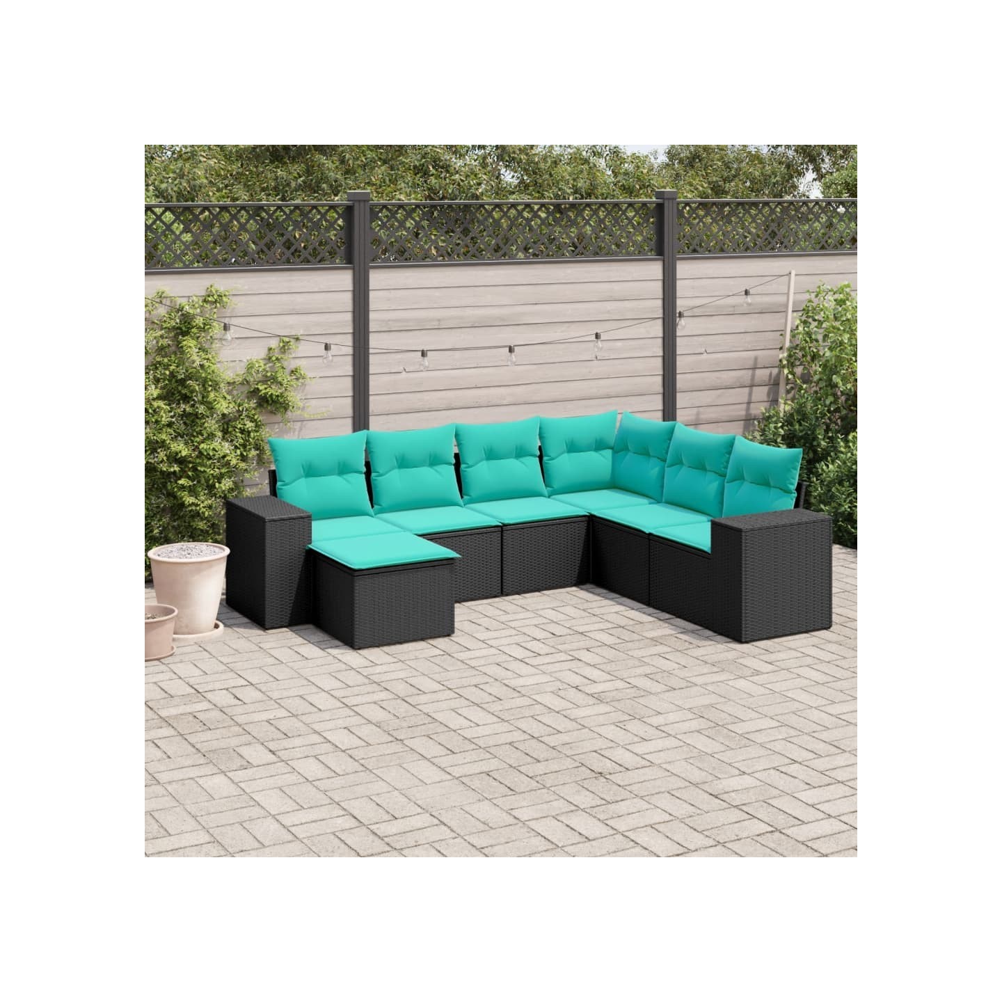 Salon de jardin 7 pcs avec coussins noir résine tressée