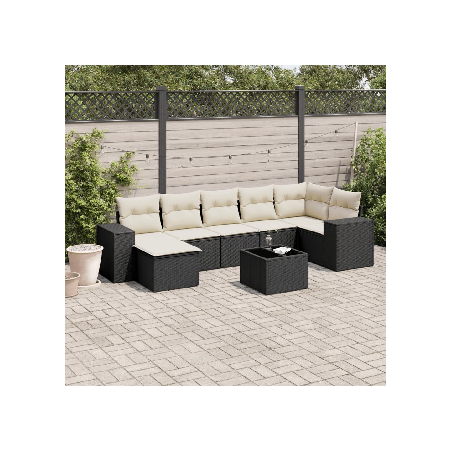 Salon de jardin 8 pcs avec coussins noir résine tressée