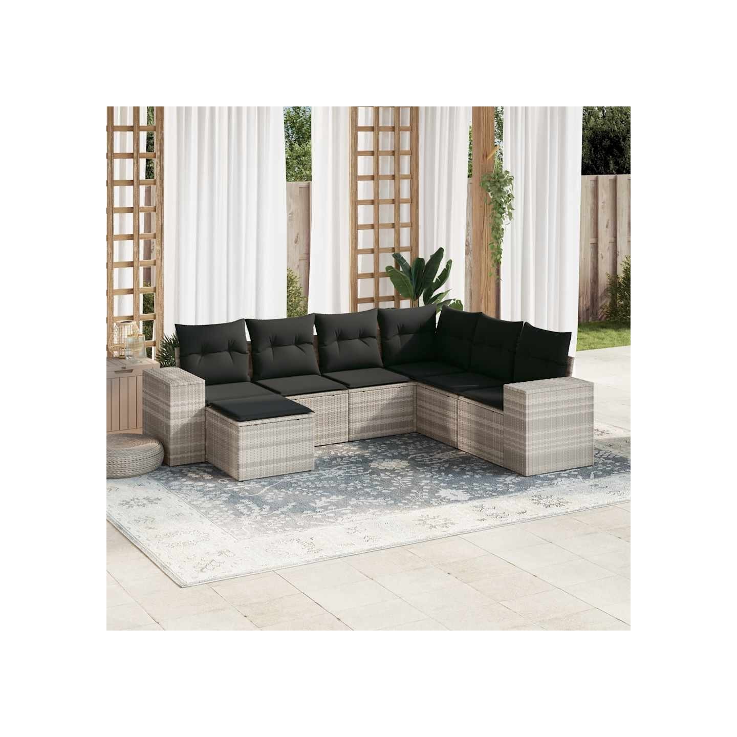 Salon de jardin avec coussins 7 pcs gris clair résine tressée