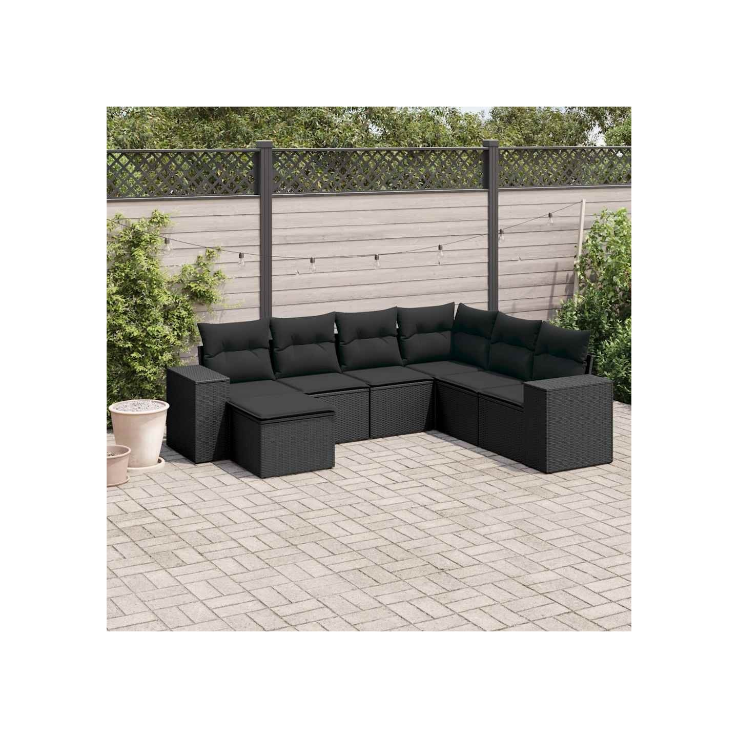 Salon de jardin 7 pcs avec coussins noir résine tressée