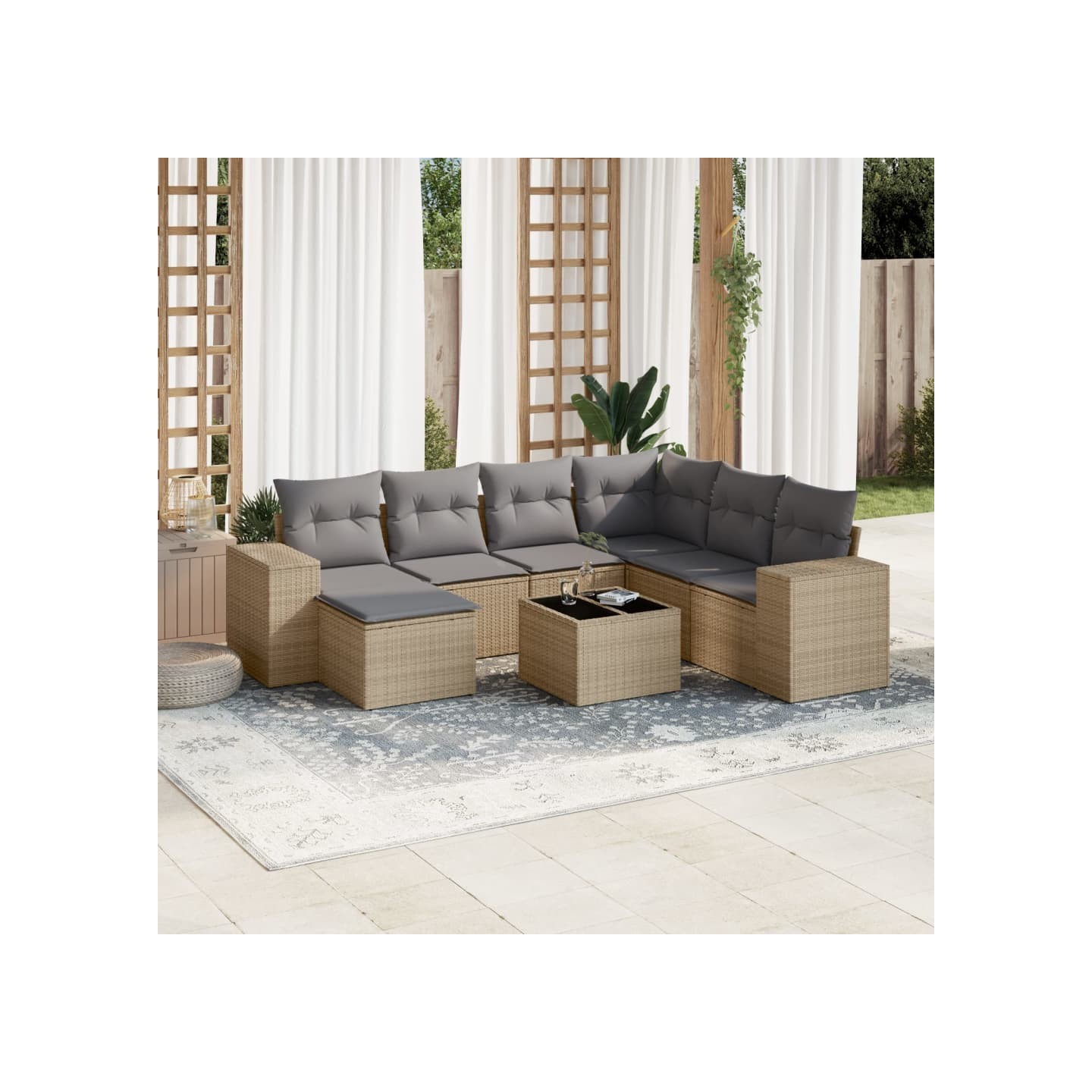 Salon de jardin avec coussins 8 pcs beige résine tressée