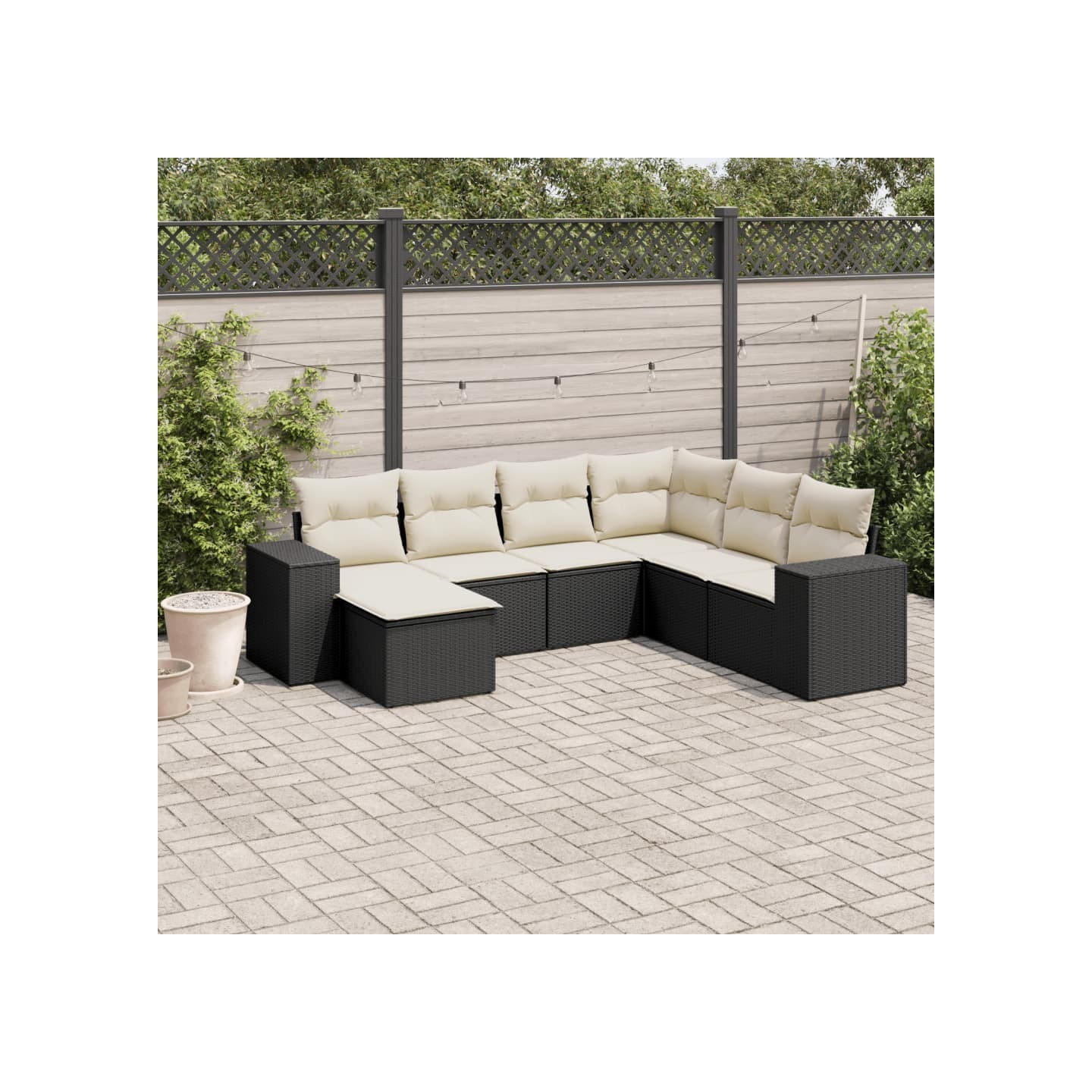 Salon de jardin 7 pcs avec coussins noir résine tressée