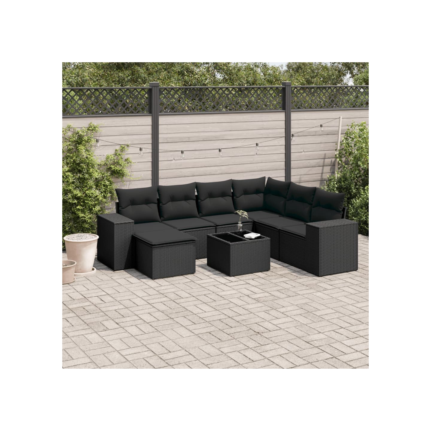 Salon de jardin 8 pcs avec coussins noir résine tressée