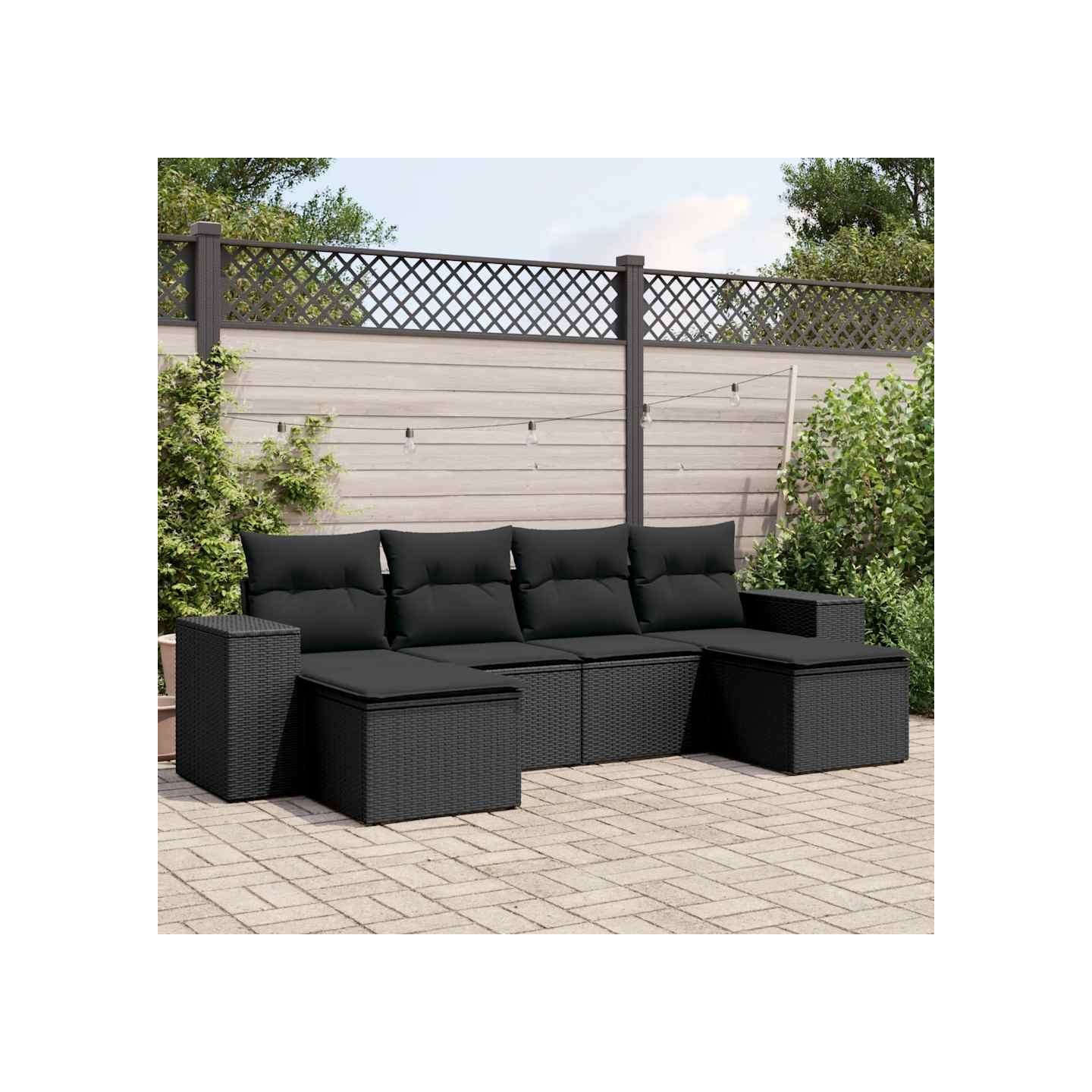 Salon de jardin 6 pcs avec coussins noir résine tressée