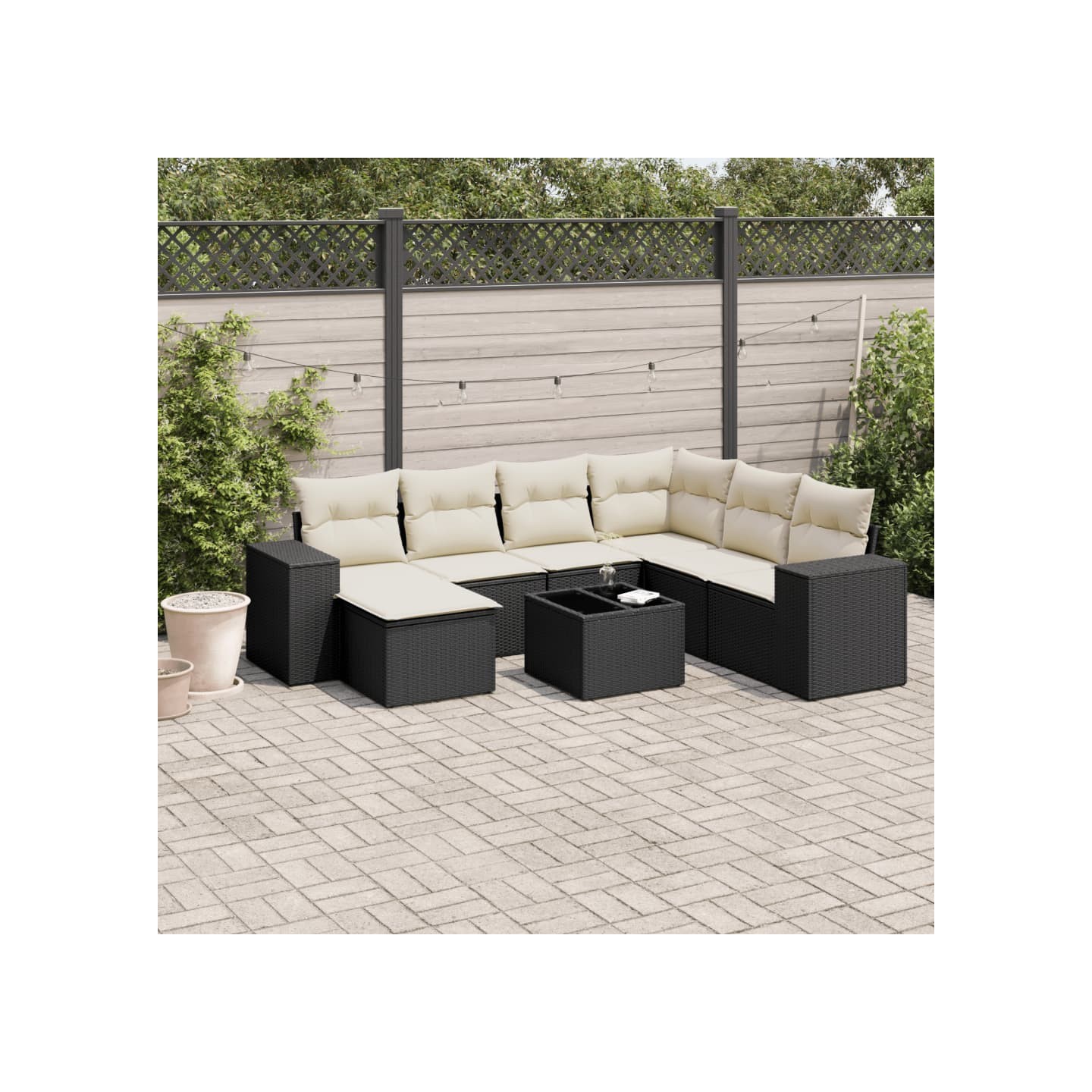 Salon de jardin 8 pcs avec coussins noir résine tressée