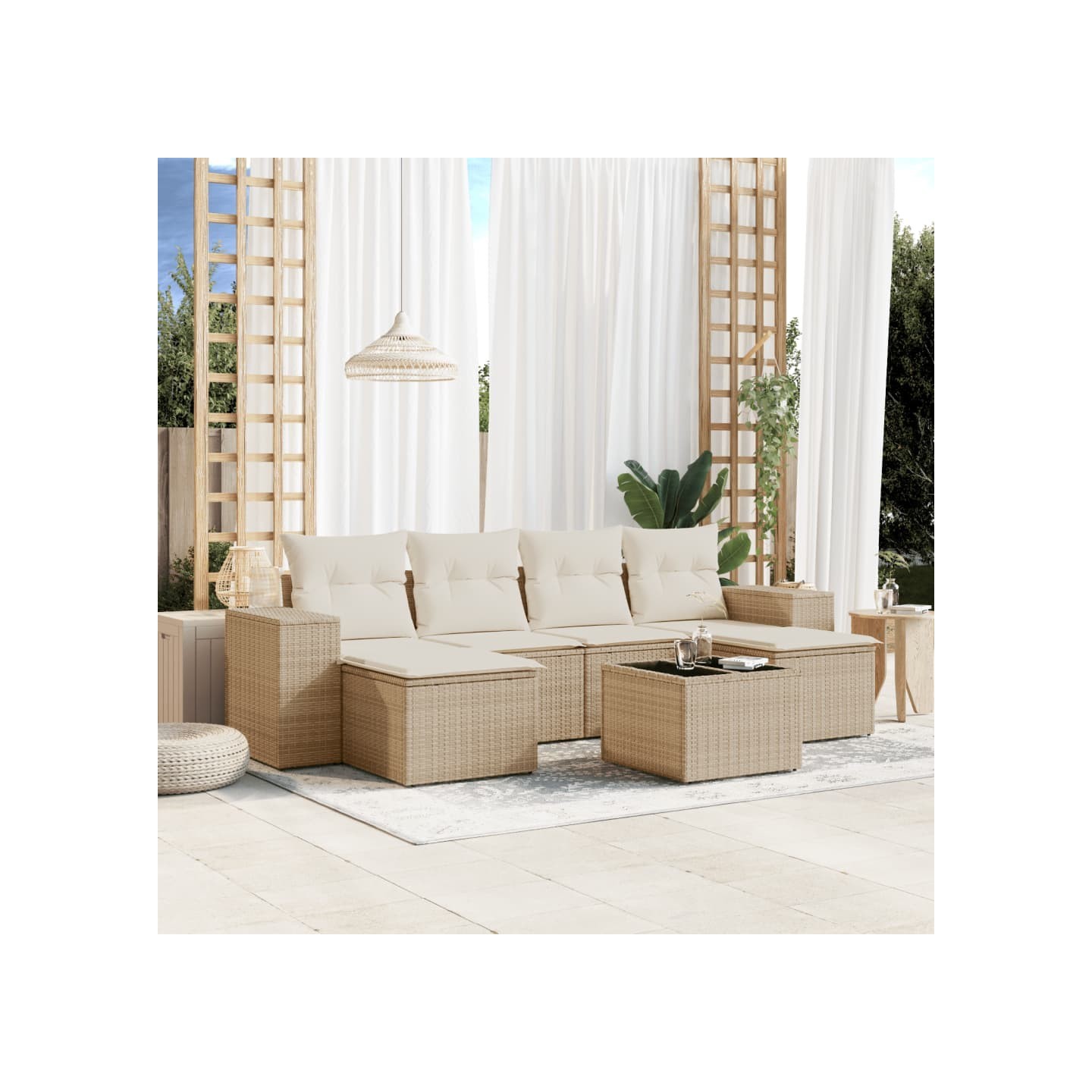 Salon de jardin avec coussins 7 pcs beige résine tressée