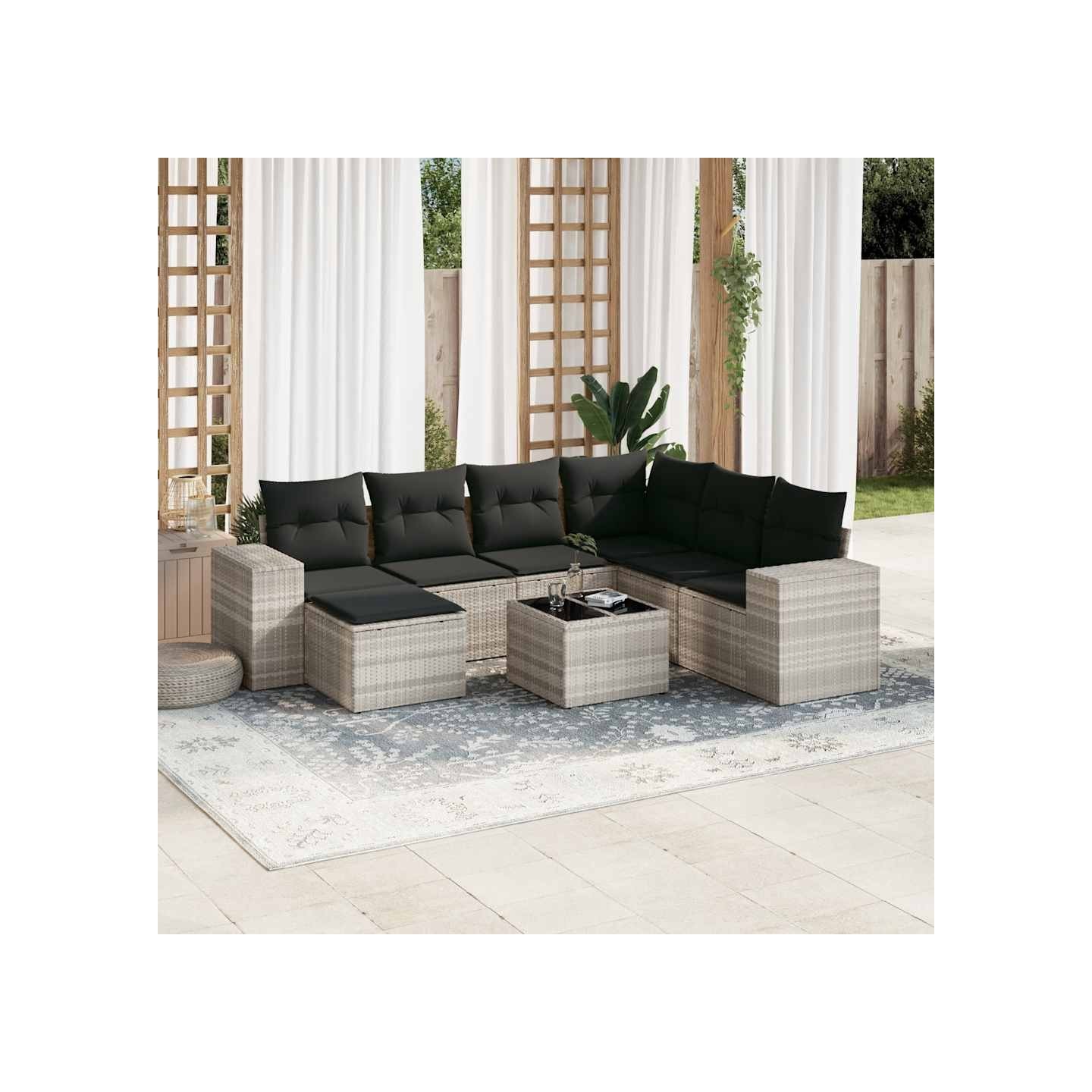 Salon de jardin 8 pcs avec coussins gris clair résine tressée