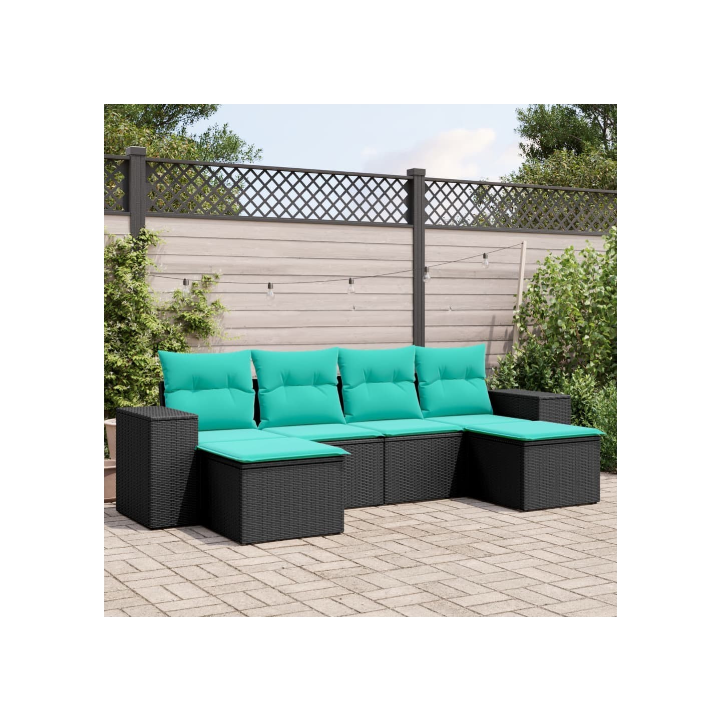 Salon de jardin 6 pcs avec coussins noir résine tressée