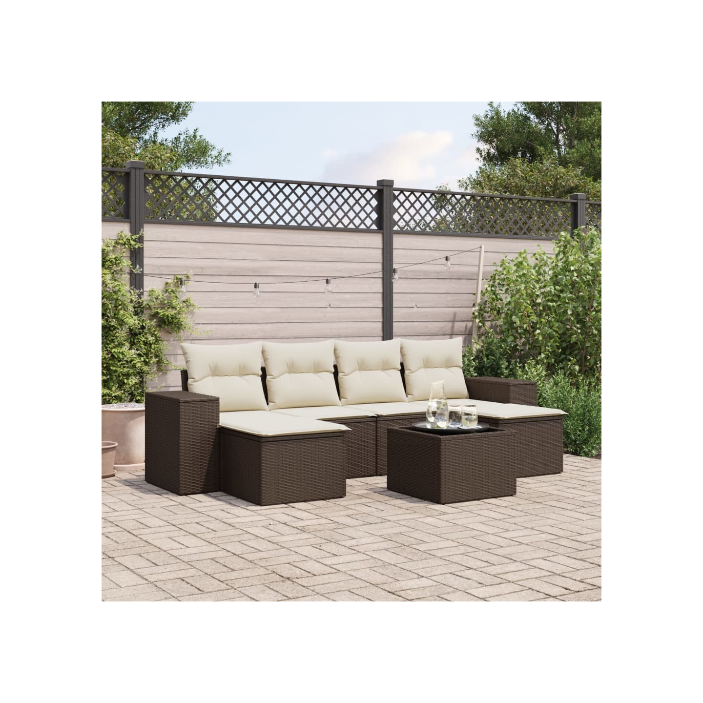 Salon de jardin avec coussins 7 pcs marron résine tressée