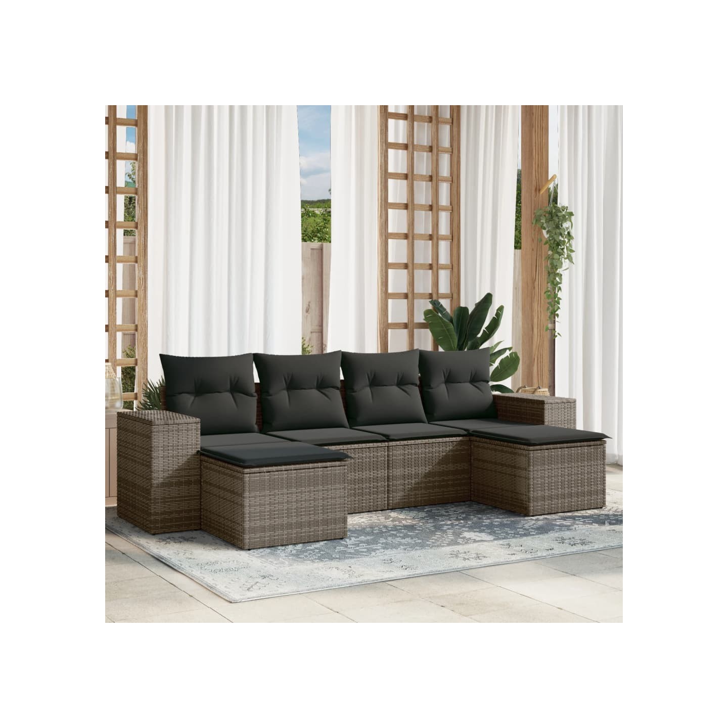 Salon de jardin 6 pcs avec coussins gris résine tressée