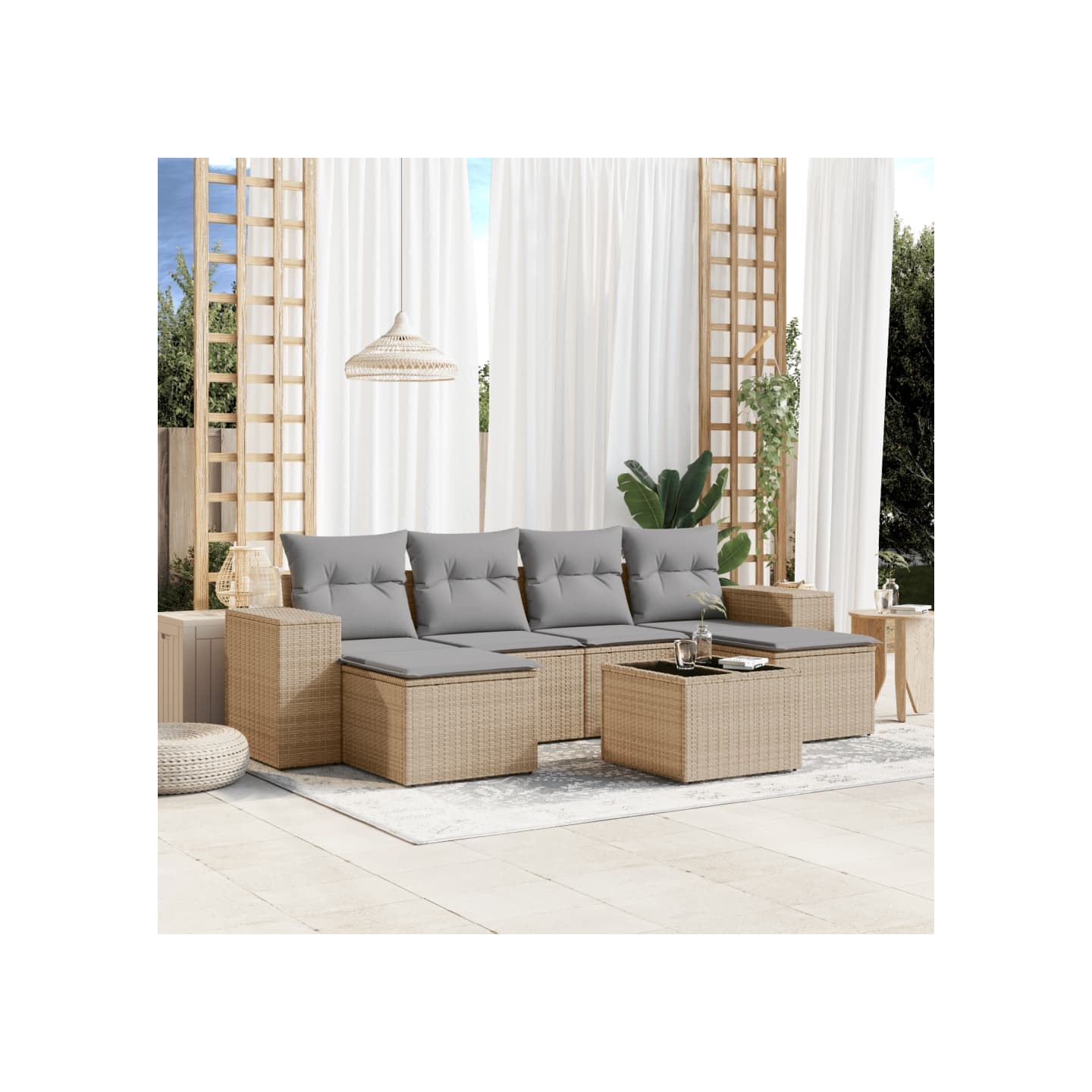 Salon de jardin avec coussins 7 pcs beige résine tressée