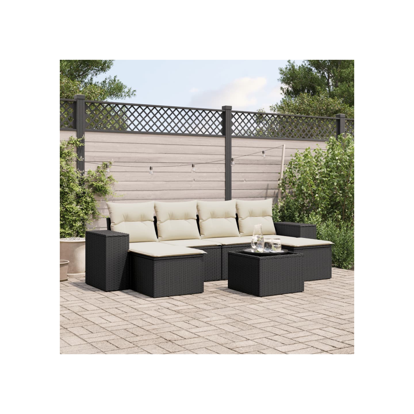 Salon de jardin 7 pcs avec coussins noir résine tressée