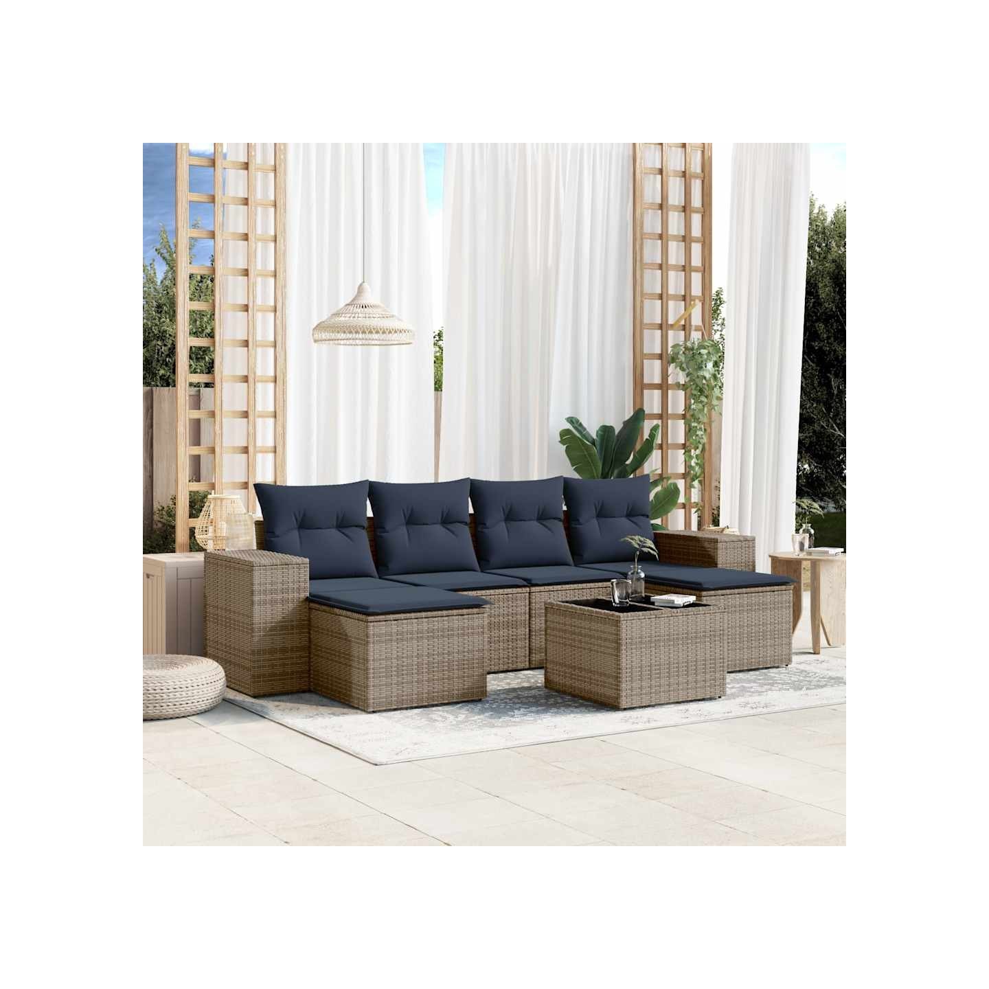 Ensemble de canapé de jardin 7 pcs avec coussins gris résine tressée