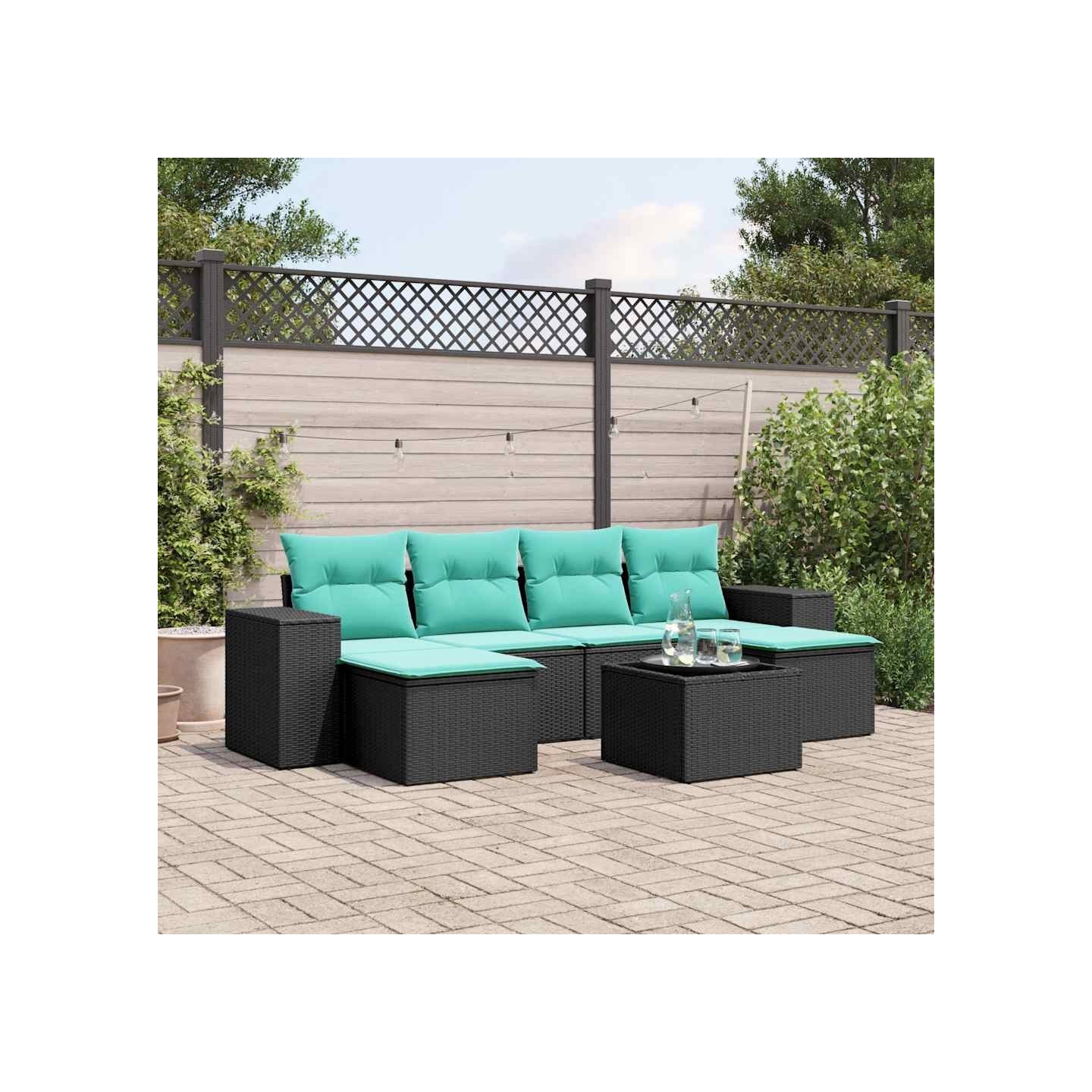 Ensemble de canapé de jardin 7 pcs avec coussins noir résine tressée