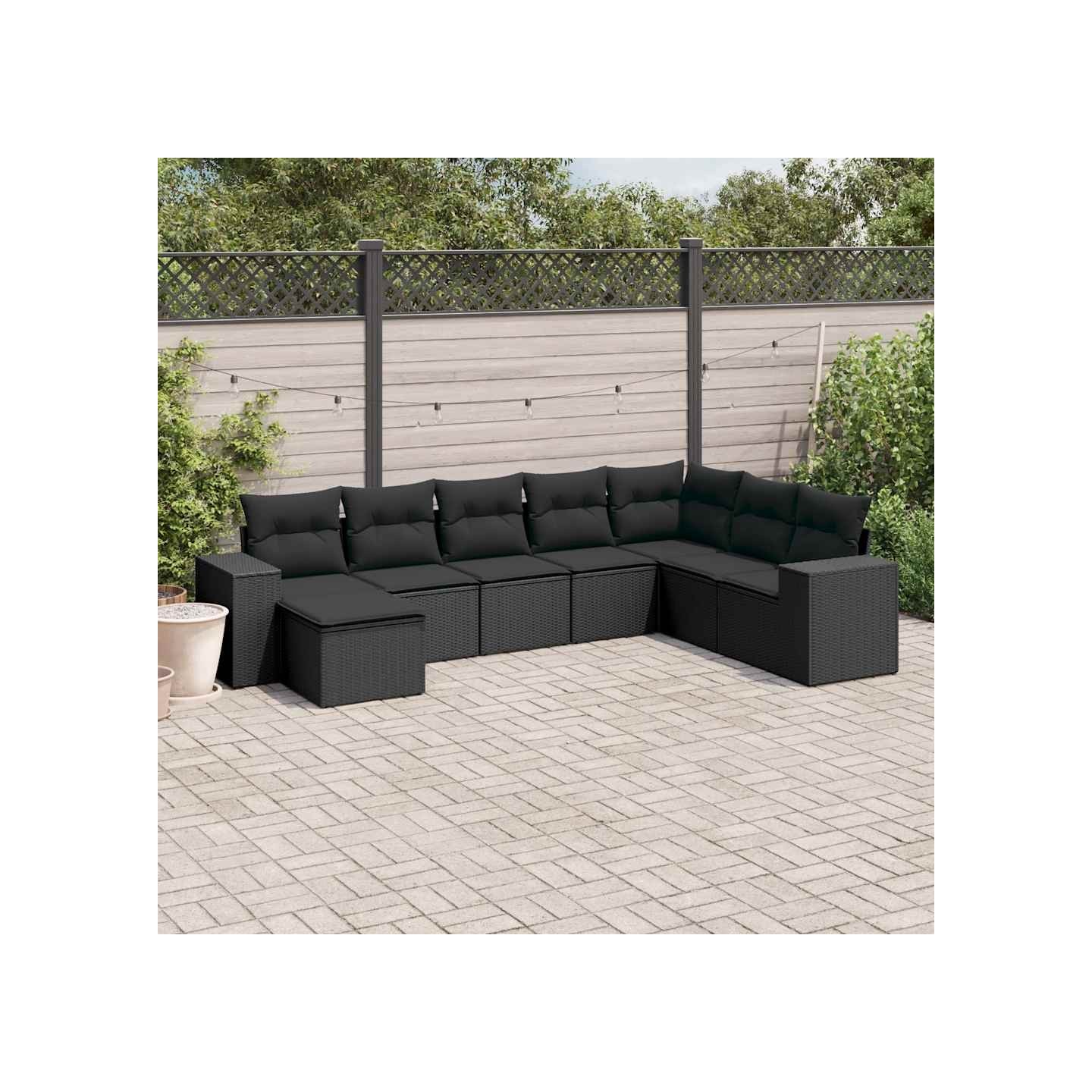 Salon de jardin 8 pcs avec coussins noir résine tressée