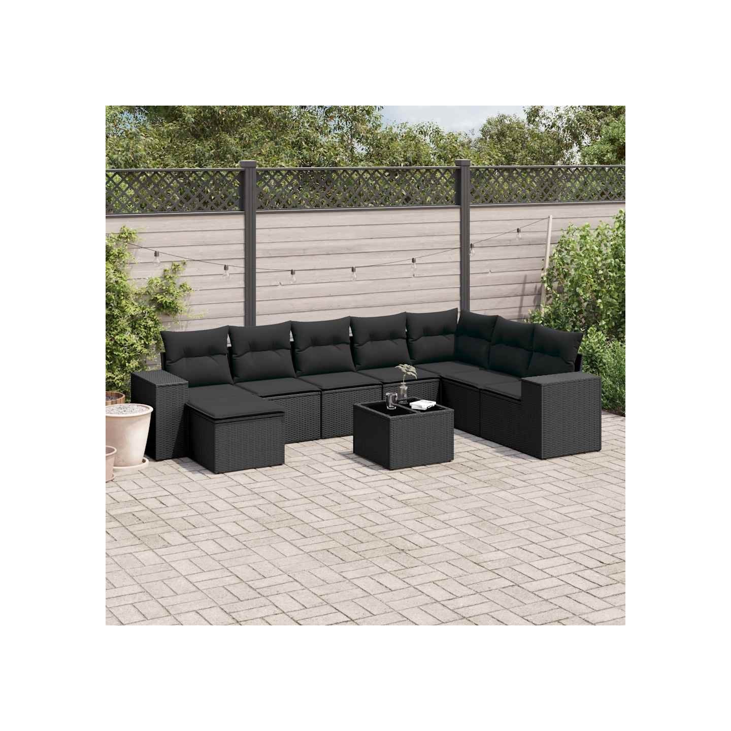 Salon de jardin 9 pcs avec coussins noir résine tressée