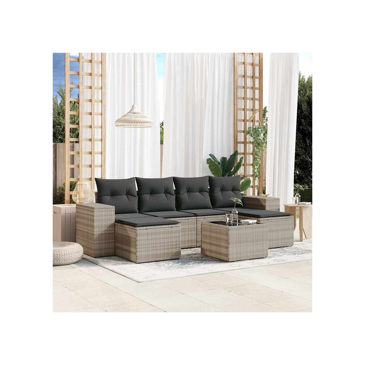 Salon de jardin avec coussins 7 pcs gris clair résine tressée