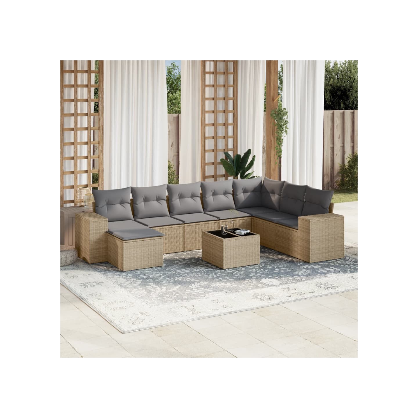 Salon de jardin avec coussins 9 pcs beige résine tressée