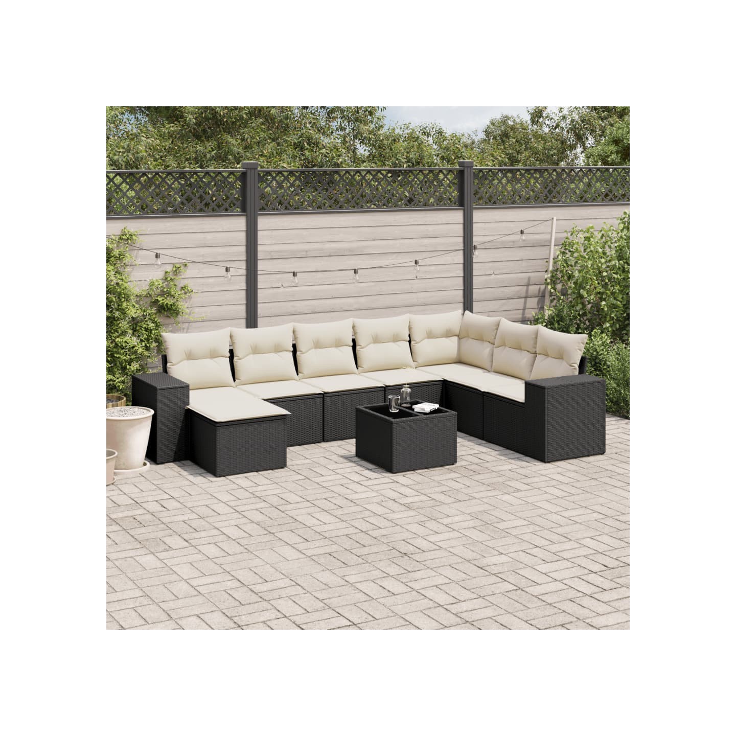 Salon de jardin 9 pcs avec coussins noir résine tressée
