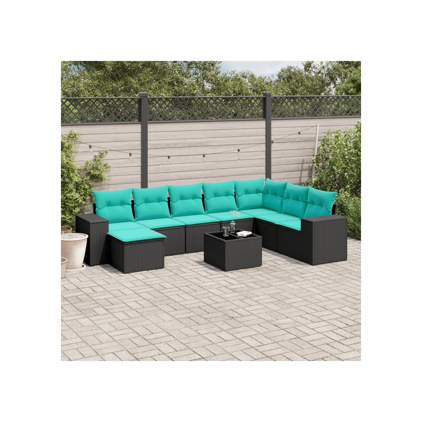 Ensemble de canapé de jardin 9 pcs avec coussins noir résine tressée