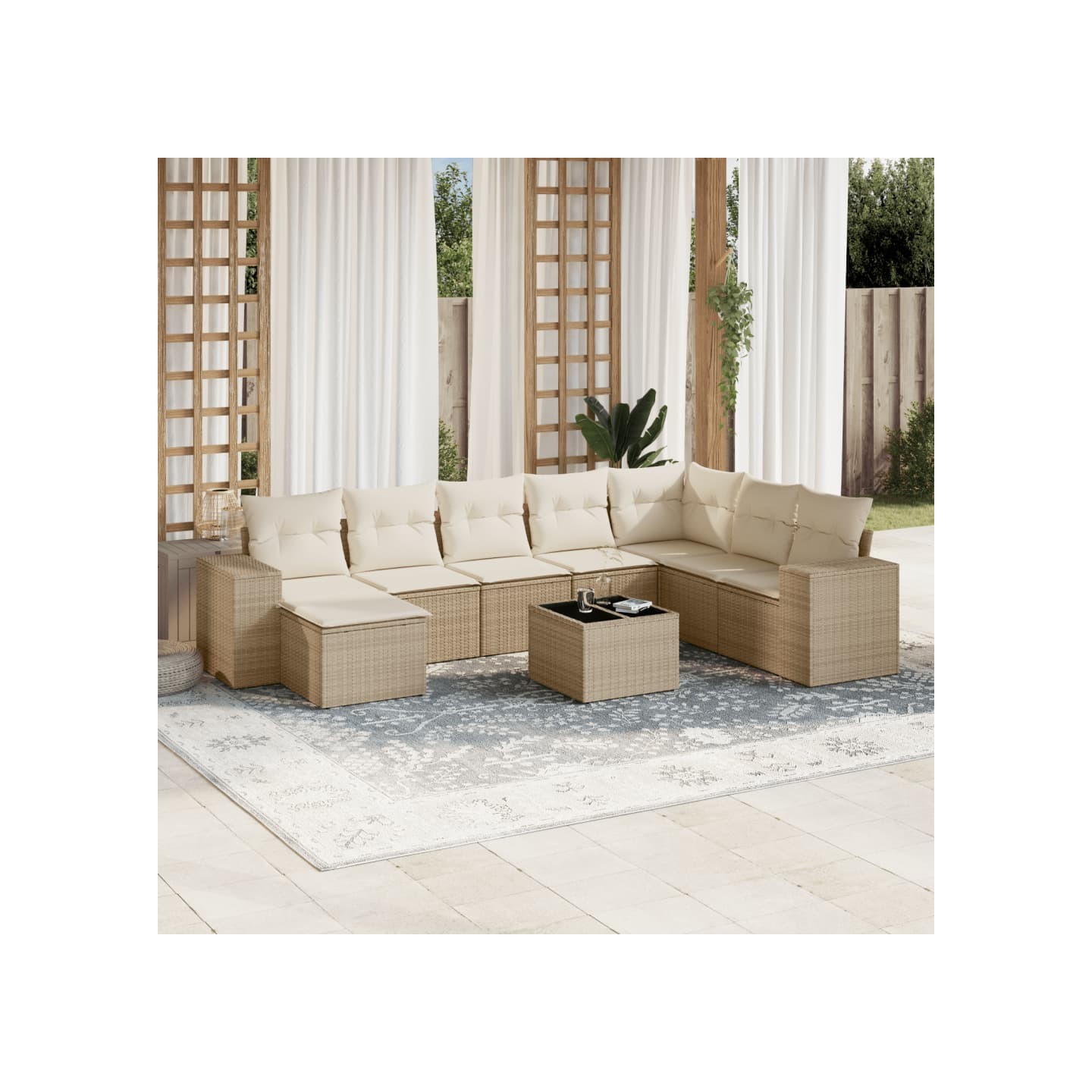 Salon de jardin avec coussins 9 pcs beige résine tressée